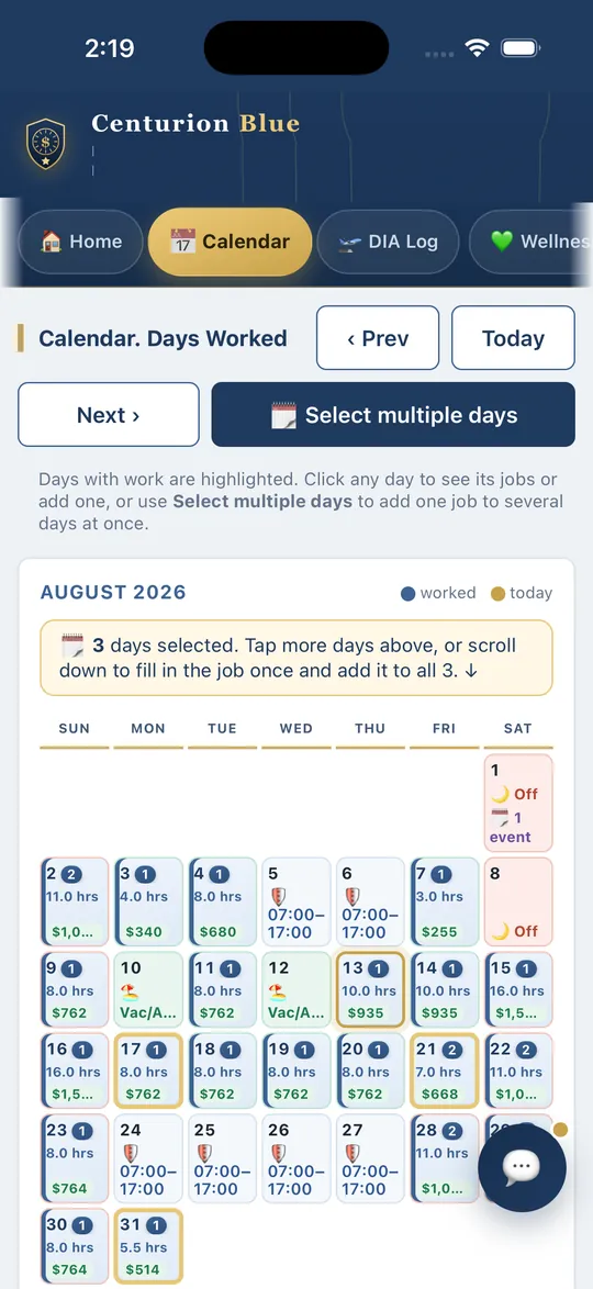 Centurion Blue Calendar tab with sample data: a month view showing hours and pay on each day worked