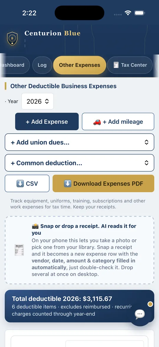Centurion Blue Other Expenses tab with sample data: Add Expense and Add mileage buttons, receipt photo scan, and CSV and PDF downloads
