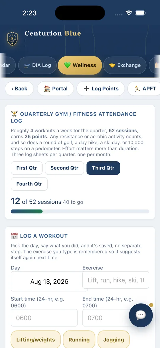 The Wellness tab showing the quarterly gym and fitness attendance log, with 12 of 52 sessions logged and a form to log a workout.